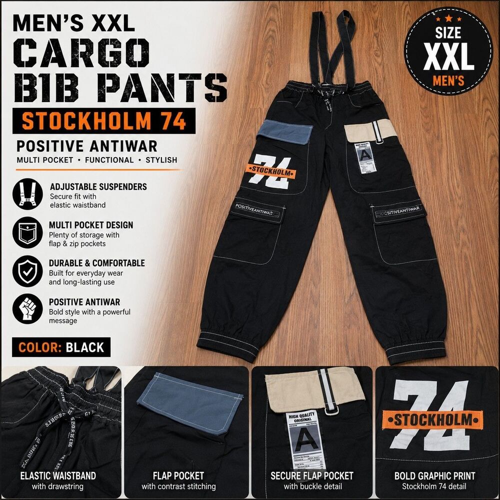 Men's XXL Black Cargo Bib Pants Stockholm 74 Positive Antiwar Multi Pocket